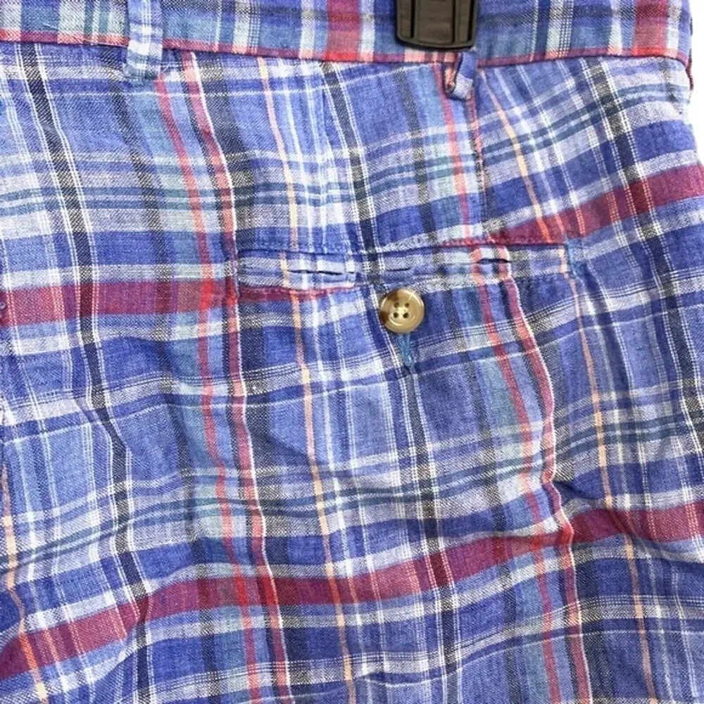 PETER MILLAR Blue Pink Linen Men's Flat Front Shorts Golf Casual Plaid sz 34